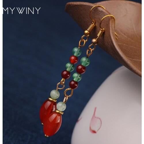 MYWINY fashion Red color drop earrings for women ethnic style wholesale vintage dangle natural stone jewelry