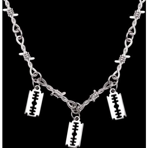 2019 New Handmade Punk Razor Men Women Unisex Chain Thorns Spur Necklace Heavy Duty Padlock Choker Metal Collar
