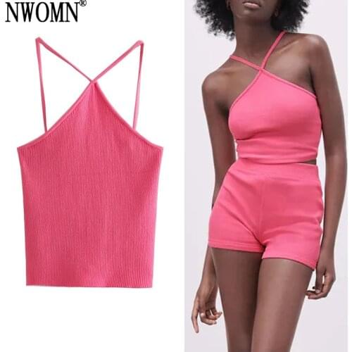 NWOMN Za 2021 Pink Halter Top Female Knit Basic Crop Top Women Black Cut Out Tank Tops Summer Sexy Corset Ribbeer Tanks Camis