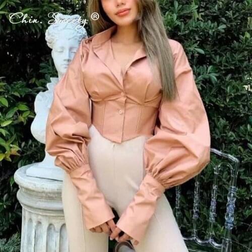 Solid Womens Long Sleeve Cropped Shirts 2021 Autumn Lantern Sleeves Turn-down Collar Shirt Ladies Fashion Office Lady Clothes