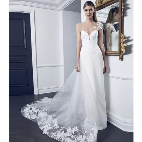 Verngo 2020 Simple Elegant Wedding Dress Detachable Train Vestidos De Novia Illusion Neckline Short Sleeves Sheath Bride Gown