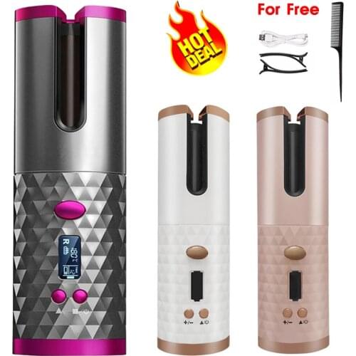 Cordless Automatic Hair Curler USB Rechargeable Curling Iron Curls Waves LCD Display Ceramic Curly Rotating Curling Wave Styer