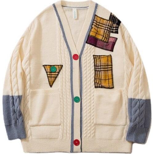 Button Loose Vintage Knitted Female Sweater Harajuku College Style Patch V Neck Cardigan Women Retro Fashion Long Sleeve Coats