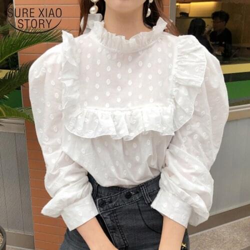 Sweet Ruffle Stitching Autumn Tops Stand-up Collar Puff Sleeve White Blouse Women Polka Dot Embroidery Shirt Blusas Mujer 12720