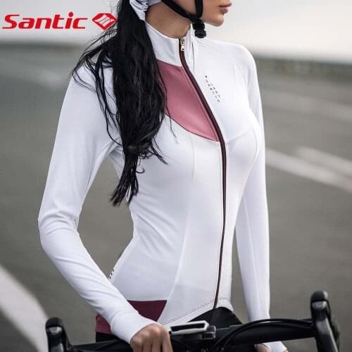 Santic Women Autumn Winter Cycling Jacket Pro Fit WARM Fleece Fabric Riding MTB Road Bike Jersey Thumb Hold Design Back Pocket
