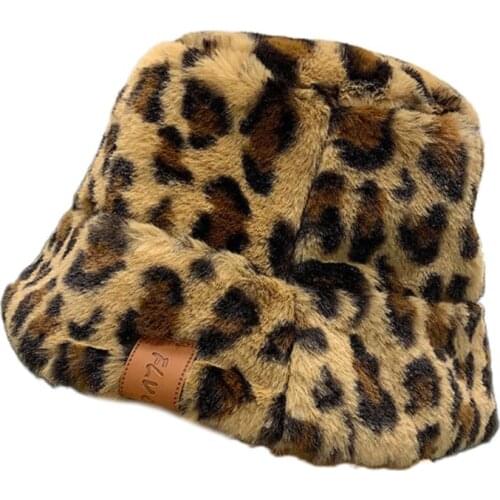 Women Winter Fluffy Plush Bucket Hat Leopard Printed Harajuku Warm Fisherman Cap F3MD