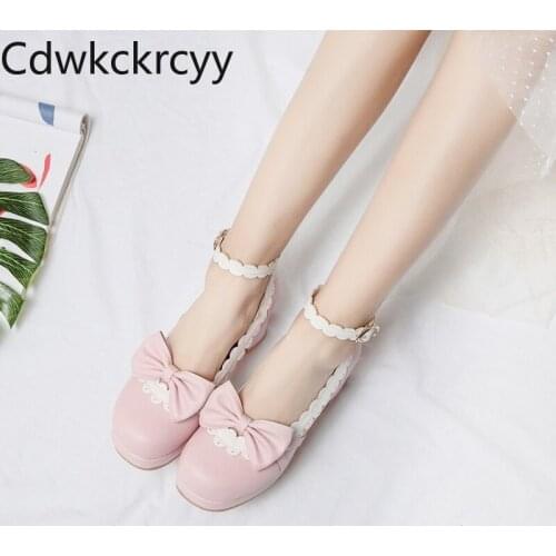 Spring and fall The New fashion Round head Thick heel Womens shoes Beige Pink black sweet Bow Lace High heel Single shoes 34-46