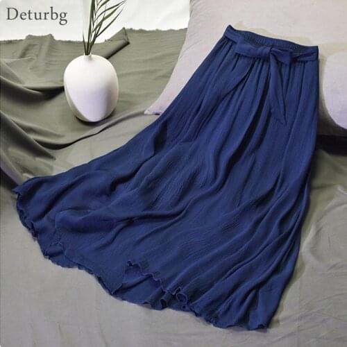 Womens Vintage Pleated Midi Long Skirt Ladies High Waist Bow Tied Cotton Linen Chic Skirts Jupe Faldas 2020 Spring Summer SK308