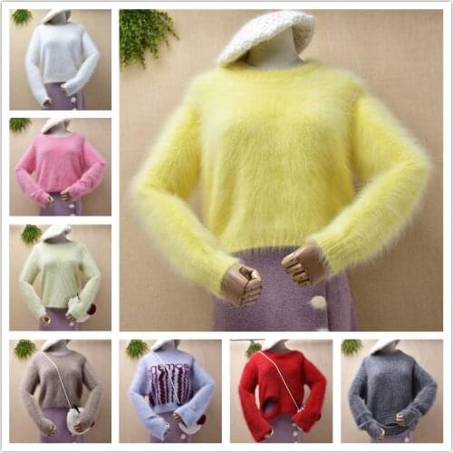 Ladies women fashion hairy pink mink cashmere short style crop top loose pullover angora rabbit fur winter jumper sweater pull