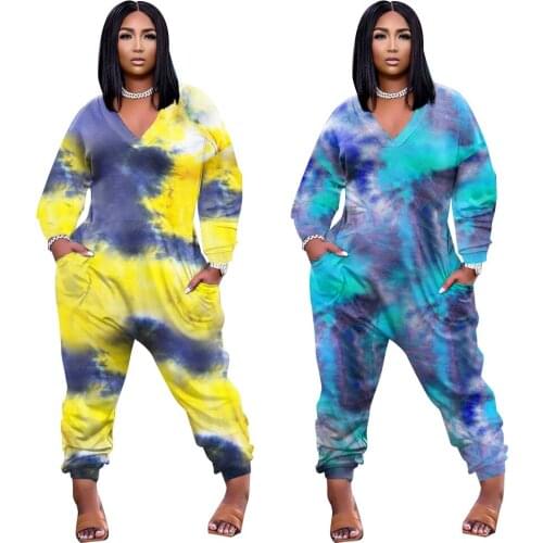 4XL 5XL Plus Size One Piece Rompers Womens Sexy V Neck Tie Dye Printed Pocket Loose Trousers Jumpsuit Long Sleeve Playsuit