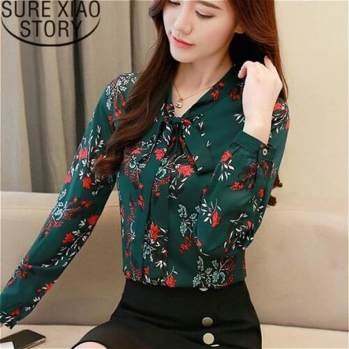 New Blusas Mujer De Moda Womens Tops And Blouses Womens Blouses V-Neck Print Chiffon Women Shirts Bow Full Clothing 1780 50