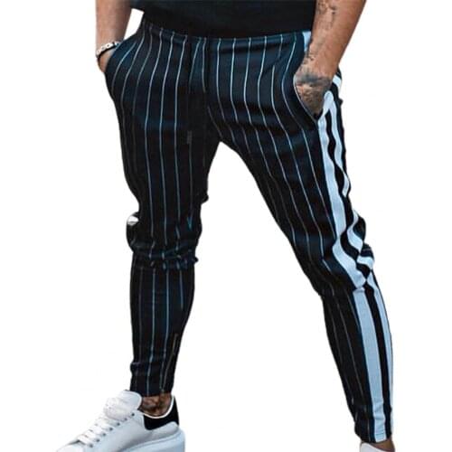 Men Pants Casual Stripe Side Pocket Striped Zipper Pockets Elastic Waist Drawstring Trousers Streetwear Summer 2021