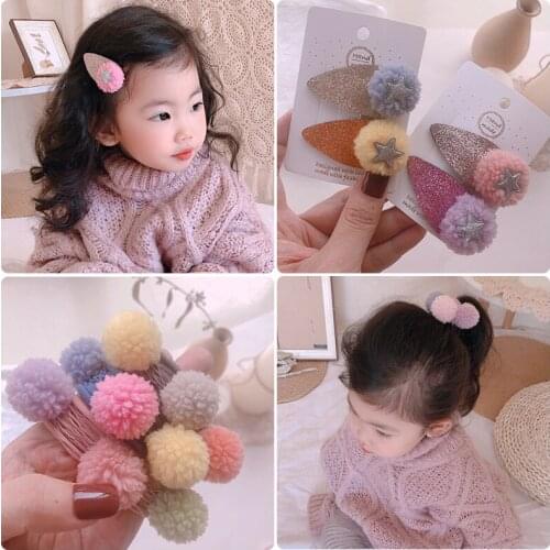 Autumn and Winter Girls Cute Hairball Headbands Hairpins Faux Fur Children Soft Barrettes Hair Clips Colors Kid Hair Accessories