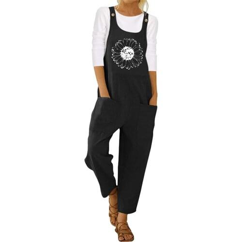 Womens Loose Overalls Pants Floral Print U-shaped Collar Sleeveless Jumpsuit Spring Autumn Ladies Casual Suspender Trousers