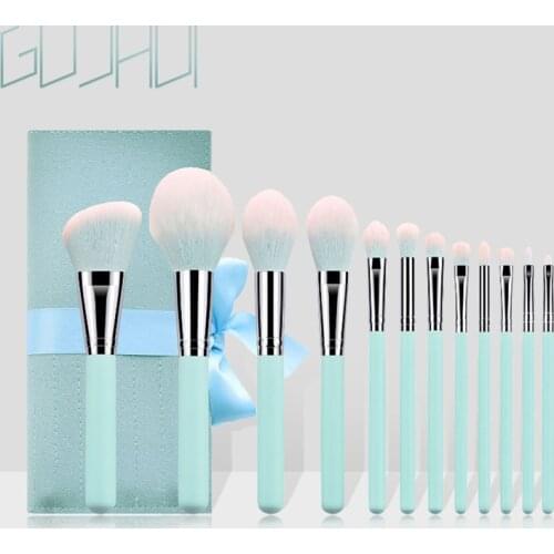 GUJHUI 12Pcs Leather Bag Makeup Brush Set Foundation Cosmetic Eyebrow Eyeshadow MaKe up Tool Nylon Wool With Wooden Handle