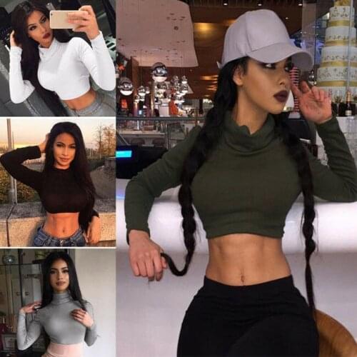 New Fashion Sexy Women T-Shirt High Collar Long Sleeve Slim Casual T Shirt Harvest Solid Tops Skinny Clubwear Short Top 5 Colors