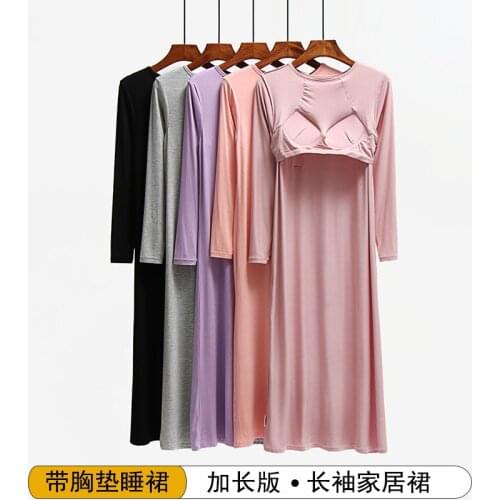 Autumn and winter modal long-sleeved nightdress with chest pad long skirt loose lengthened over-the-knee home service pajamas ov