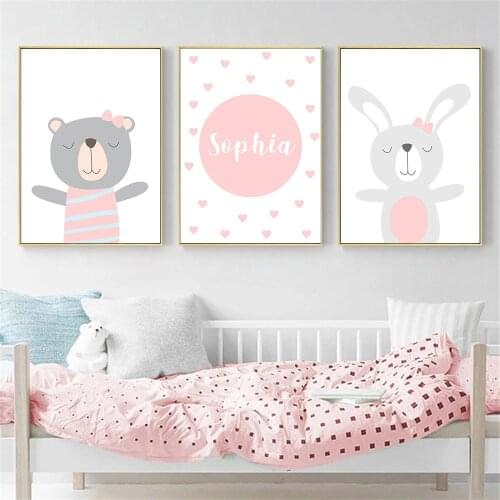 Personalized Custom Name Painting Baby Bear Rabbit Canvas Print Nursery Wall Art Poster Nordic Wall Pictures Girls Room Decor