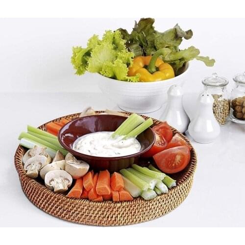 Rattan Basket Hand-Woven Coffee Breakfast Severing Tray Food Storage Platters Bread Plate with Handler For Drink Snack Tea MJ