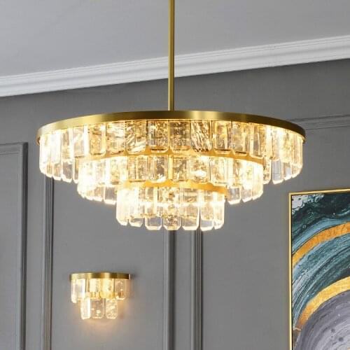 Luxury Foyer Lustre Crystal Led Pendant Light Luxury Copper Pendant Lamp Rod Hanging Lamp American Led Indoor Lighting Fixtures