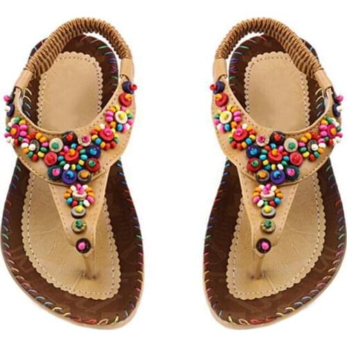 Women Open Toe Breathable Anti-Slip Beach Sandals Beads Flip Flops Bohemia Flat Slipper loafers Comfort Soft Sole Travel Shoes