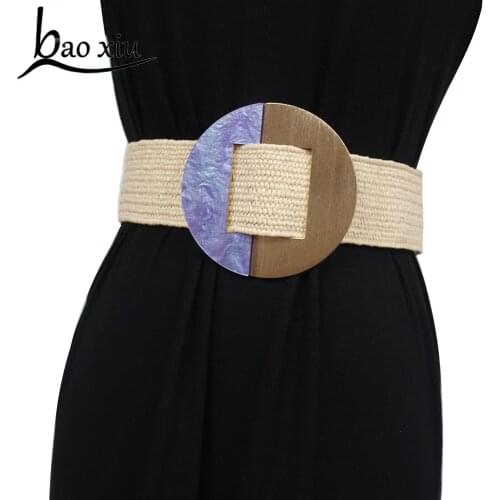 Vintage Womens Runway Fashion Knitted Cummerbunds Female Dress Round Big Buckle Corset Belt Waistband Decoration Wide Blet