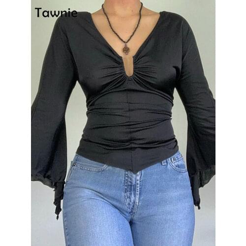 Gitana Vintage Y2K Flared Sleeve T Shirt Woman V Neck Slim Crop Top Kawaii Tee Shirts Tops Autumn Female Clothing Fairy Grunge