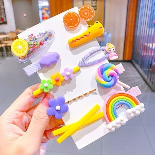 1Set Girls Cute Cartoon Rainbow Color Animal Fruit Hairpins Hair Accessories Children Sweet Barrettes Plastic Resin Hair Clips