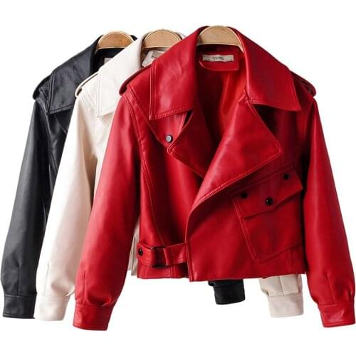 2022 New Autumn Women Faux Leather Jacket Pu Motorcycle Biker Red Coat Turndown Collar Loose Streetwear Black Punk Outerwear