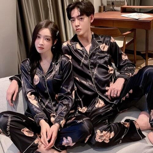 Sleepwear Silk Satin Pajamas Couple Set Long Button-Down Pyjamas Suit Pijama Women Men Loungewear Plus Size Pj Set