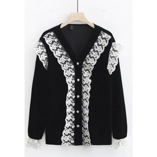 Plus Size Womens Spring New Velvet Blouse Long Sleeved Lace Floral Blusas Vintage V-neck Tops