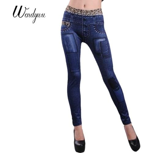 Wendywu Fashionable Casual Stretch Leopard Mid Waist Ankle-Length Women Blue Denim Leggings