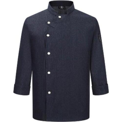 Unisex Casual Denim Chef Jacket Long Sleeve Oblique Collar Single Breasted Kitchen Catering Restaurant Food Service Work Uniform