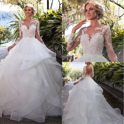 Elegant Long Sleeve Ruffled Ball Gown Wedding Dresses See Through Design Backless Bridal Dresses vestido de noiva