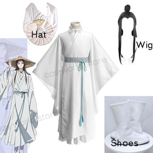 Xie Lian Cosplay Costume Tian Guan Ci Fu Cosplay Xielian Wigs Bamboo Hat Prop Shoes Necklace Men Women White Han Fu Anime Outfit