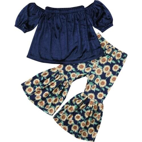 1-6Years Floral Girls Suit Kid Baby Girl Blue Velvet Tops+Sunflower Printed Loose Flare Pants Outfits Summer Children Clothing