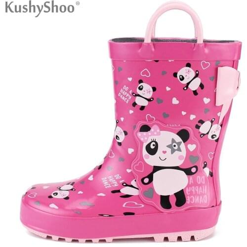 KushyShoo Kids Girl Rain Boots Waterproof Rubber panda Printed with Handles Outdoor Cute Childrens Fashion Non-slip Water Boots