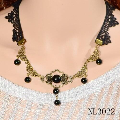 Fashion Vintage Lace Necklace Black Bead Pendant Choker Alloy Metal Statement Handmade Collar Necklace Jewelry