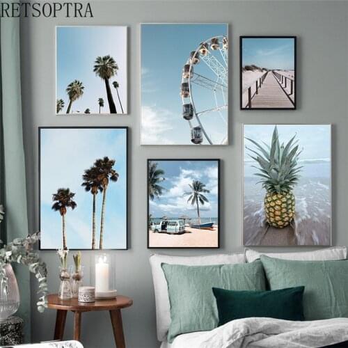 Fashion Landscape Wall Art Poster Nordic Bule Simple Coconut Ferris Wheel Painting Beach Seascape Pineapple Prints Home Decor