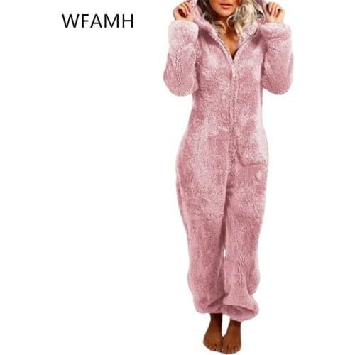 2021 autumn and winter new womens comfortable plus velvet thickened fleece plush jumpsuit hooded pajamas Velvet LOOSE Polyester