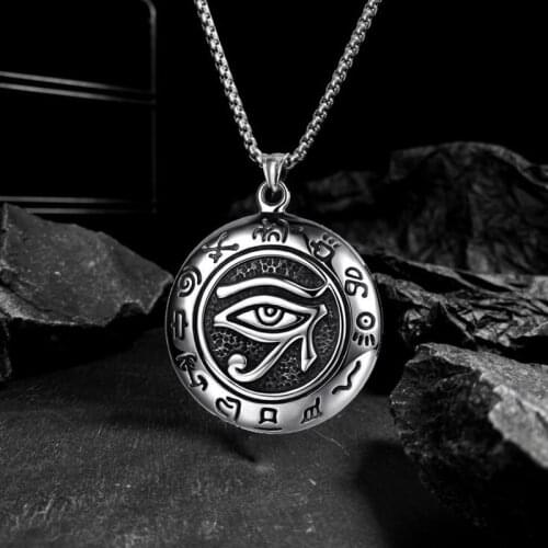 Boho Antique Silver Color Horus Eye Pendant Necklace Mens Hip Hop God Eye Punk Long Chain Necklaces for Male Viking Jewelry