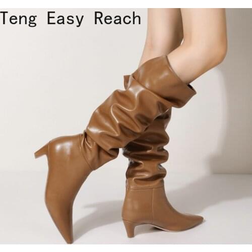 Black Brown Beige Plus Size 43 Women Boots Fashion Slip on Pleated Knee High Boots Small Square Toe Low Heel Autumn Long Boots
