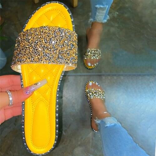 Bling Rhinestone Slippers Crystal Slides Women Summer Flat Shoes Sewing Sliders Womens Summer Shoes Wholesale Ins Trending 2020
