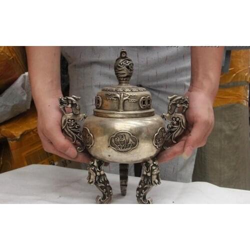 Tibet Buddhism White Copper Silver Two Dragon Lotus Beast Censer Incense Burner