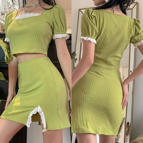 Summer Skirt Set Outfit Women Lace Trim Square Neck Short Sleeves Crop Tops High-Waist Slit Skirt for Female Ladies Fashion New