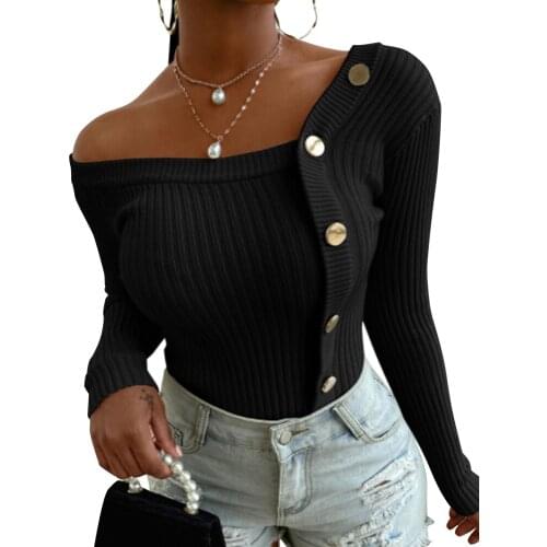 2021 Women Autumn Knitted Slim Sweaters Solid Knitted Female Elastic Pullovers Button Full Sleeve Salsh Neck Sweater Jumper