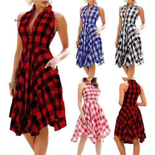 Fashion Spring Summer Lady Plaid Print Button Down Slim Sleeveless Irregular Midi Dress Womens Clothing