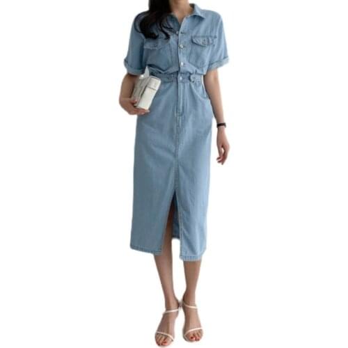 Medium length Dress Denim High waist Summer 2021 Korean Hollow back Shorts Sleeve dress Solid Women Sexy Pockets Dress 160G