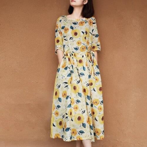 Women Loose Printed Dress Ladies Retro Ramie Dresses Female 2021 Summer Ramie Vintage Dress