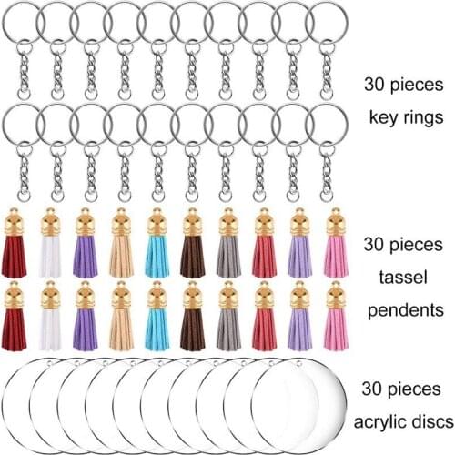 200pcs Keychain Tassels Set Round Acrylic Clear Circle Blanks Keyring Jump Rings Tassels For DIY Crafts Jewelry Keychains Making